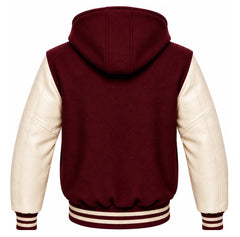 Burgundy and Cream Letterman Jacket with Hood