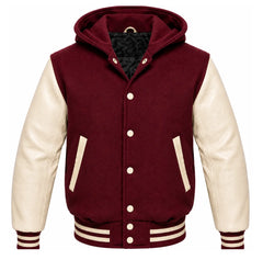Burgundy and Cream Letterman Jacket with Hood
