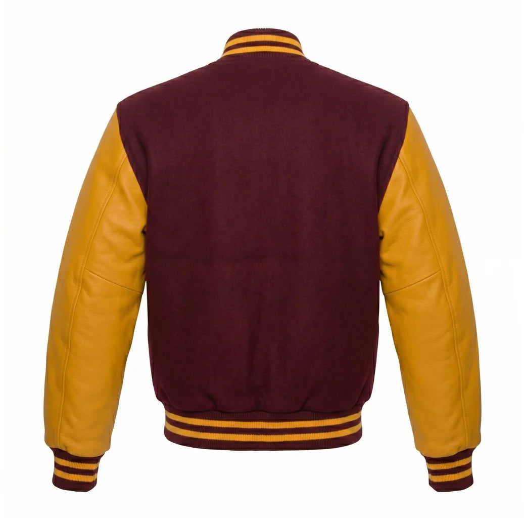 Burgundy and Gold Varsity Jacket with Wool Body and Leather Sleeves Back View