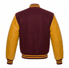 Burgundy and Gold Varsity Jacket with Wool Body and Leather Sleeves Back View