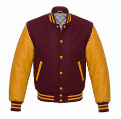Burgundy and Gold Varsity Jacket with Wool Body and Leather Sleeves