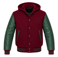 Burgundy and Green Hooded Letterman Jacket