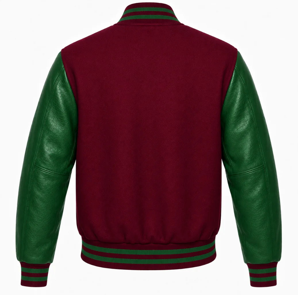Burgundy wool letterman jacket with green leather sleeves, back view