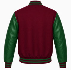 Burgundy wool letterman jacket with green leather sleeves, back view