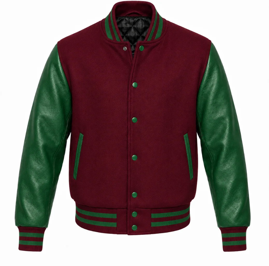 Burgundy melton wool letterman jacket with green cowhide leather sleeves, front view