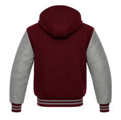 Burgundy and Grey Varsity Jacket with Hood