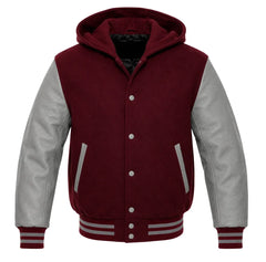 Burgundy and Grey Varsity Jacket with Hood