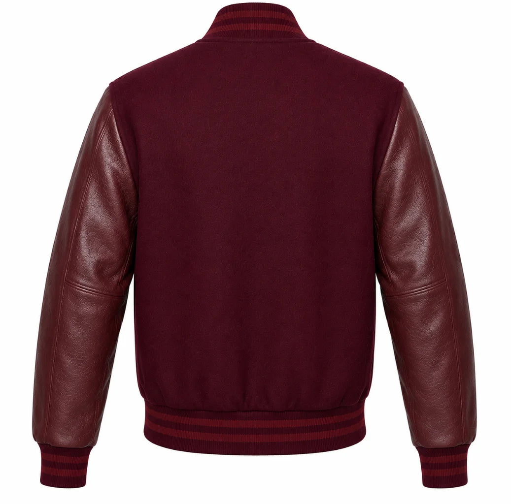 Burgundy wool varsity jacket with maroon leather sleeves, back view