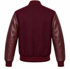 Burgundy wool varsity jacket with maroon leather sleeves, back view