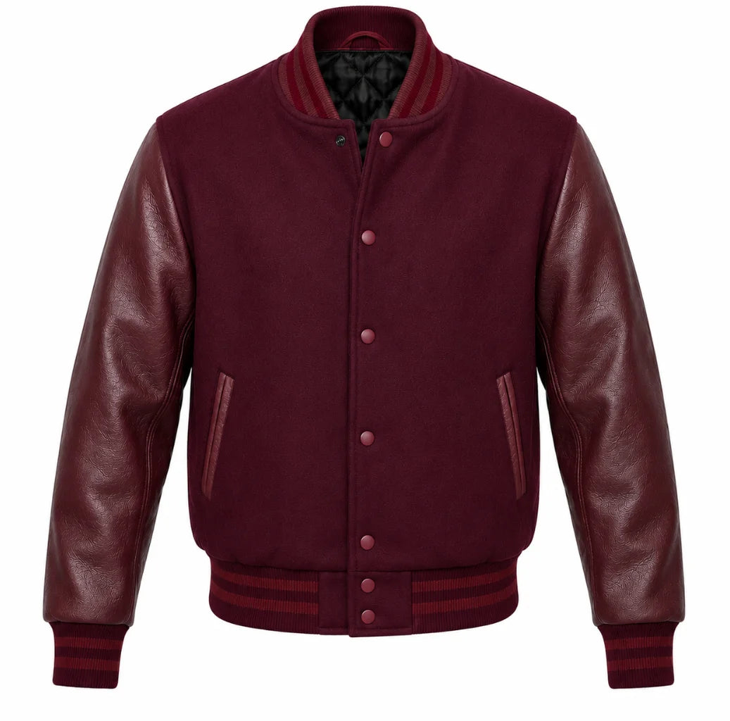 Burgundy melton wool varsity jacket with maroon cowhide leather sleeves, front view
