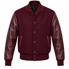 Burgundy melton wool varsity jacket with maroon cowhide leather sleeves, front view