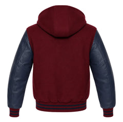 Burgundy and Navy Blue Letterman Jacket with Hood