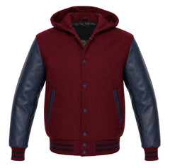 Burgundy and Navy Blue Letterman Jacket with Hood