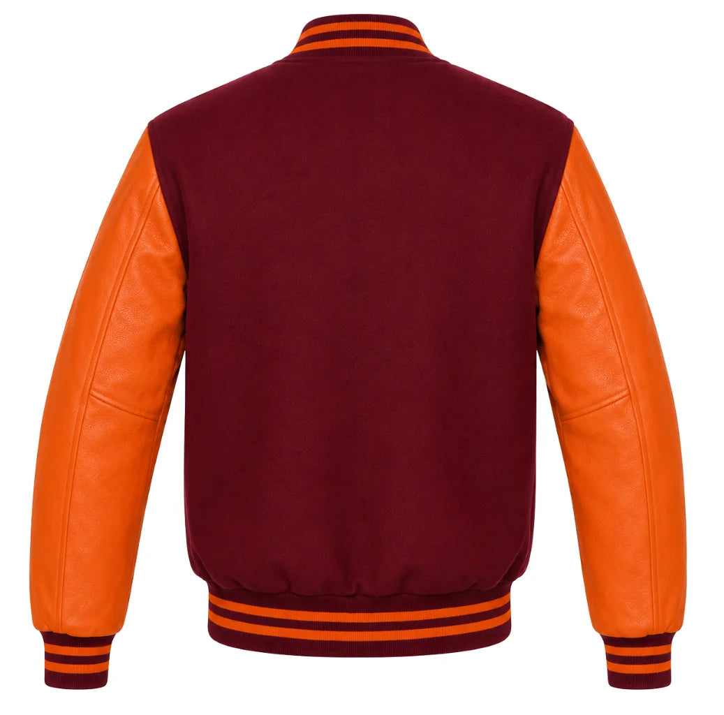Burgundy wool varsity jacket with orange leather sleeves, back view