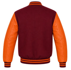 Burgundy wool varsity jacket with orange leather sleeves, back view