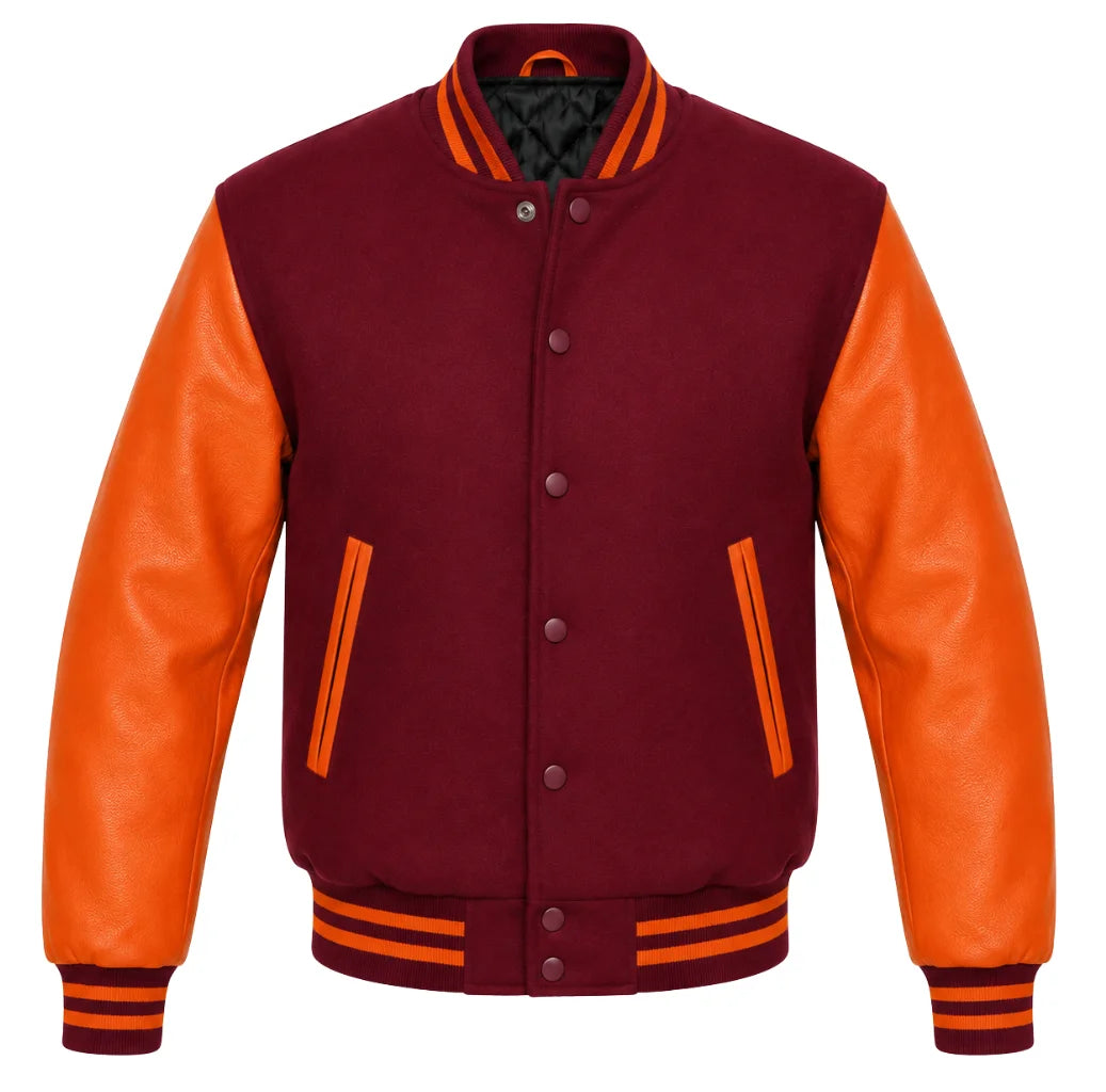 Burgundy melton wool varsity jacket with orange cowhide leather sleeves, front view