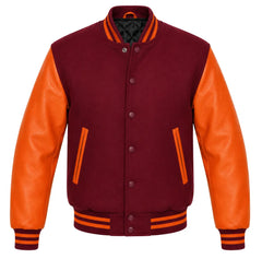 Burgundy melton wool varsity jacket with orange cowhide leather sleeves, front view