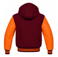 Burgundy and Orange Varsity Jacket with Hood