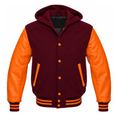 Burgundy and Orange Varsity Jacket with Hood