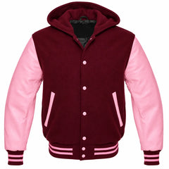Burgundy and Pink Hooded Varsity Jacket