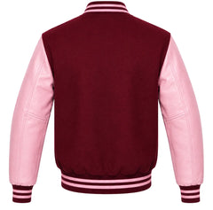 Burgundy wool varsity jacket with pink cowhide sleeves, back view