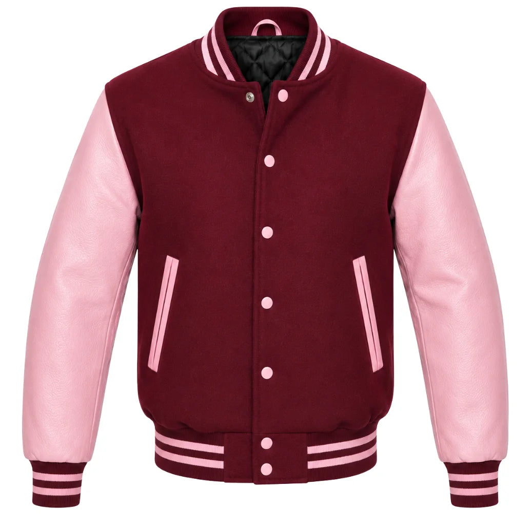 Burgundy melton wool varsity jacket with pink leather sleeves, front view