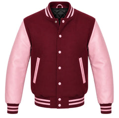 Burgundy melton wool varsity jacket with pink leather sleeves, front view