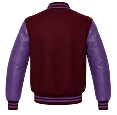 Burgundy wool letterman jacket with purple leather sleeves, back view