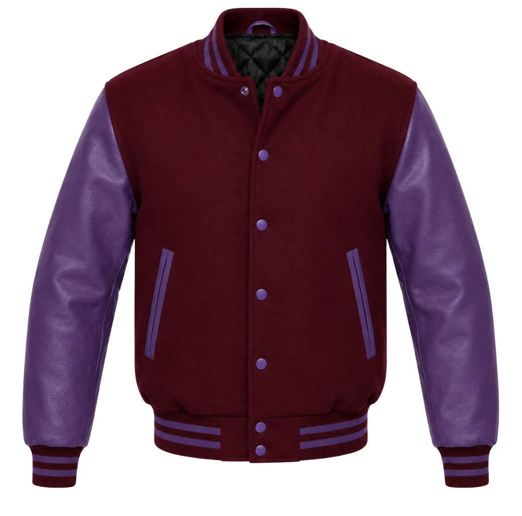 Burgundy melton wool letterman jacket with purple cowhide leather sleeves, front view