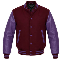 Burgundy melton wool letterman jacket with purple cowhide leather sleeves, front view