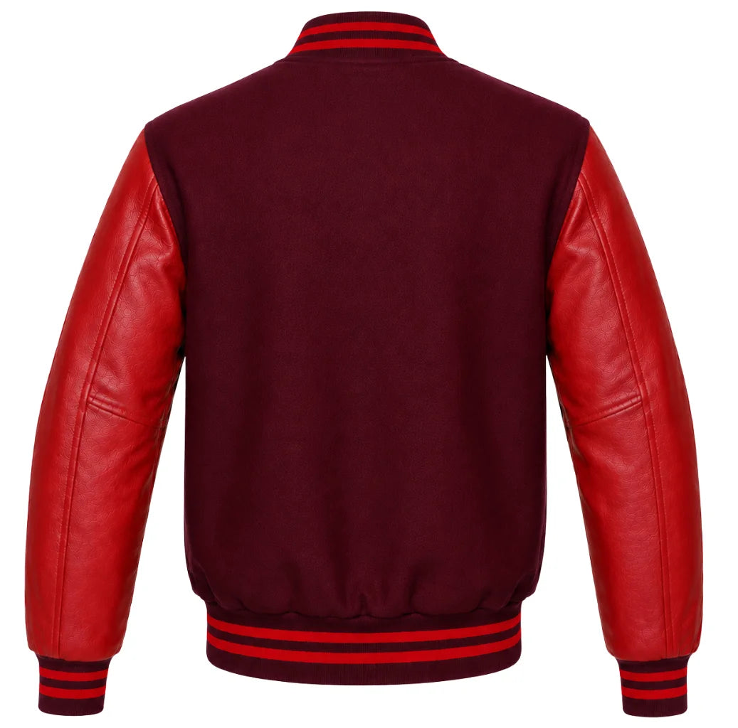 Burgundy wool varsity jacket with red cowhide sleeves, back view