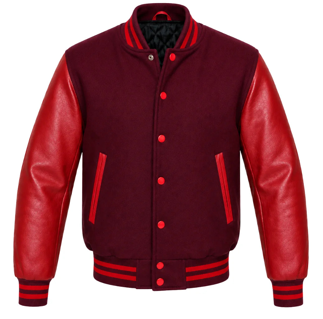 Burgundy melton wool varsity jacket with red leather sleeves, front view