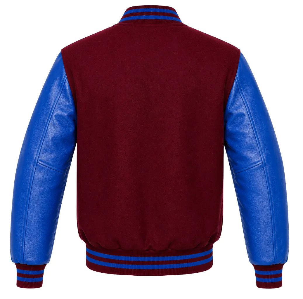 Burgundy wool varsity jacket with royal blue leather sleeves, back view