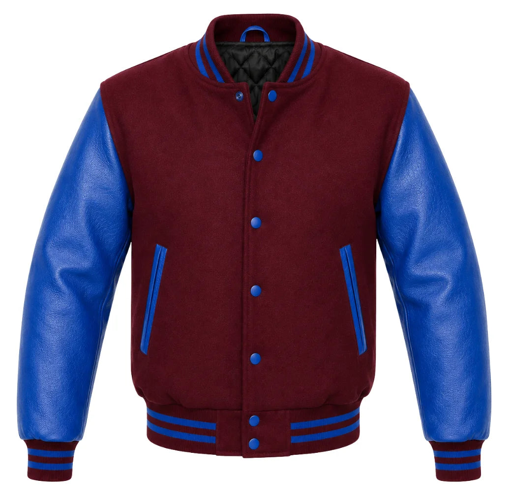 Burgundy melton wool varsity jacket with royal blue cowhide leather sleeves, front view