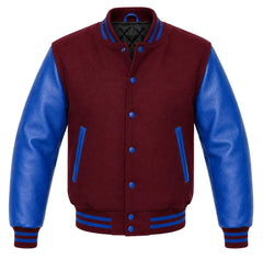 Burgundy melton wool varsity jacket with royal blue cowhide leather sleeves, front view