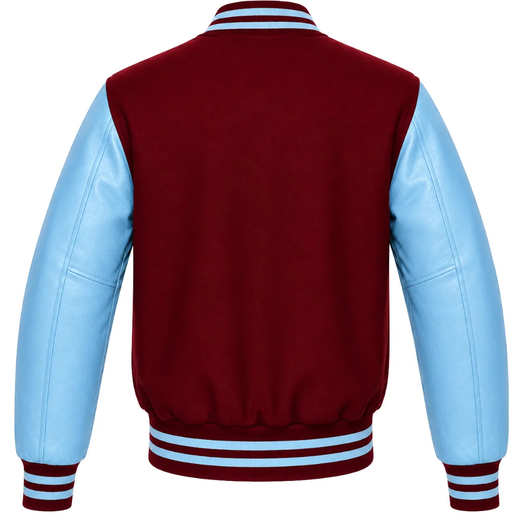 Burgundy wool varsity jacket with sky blue leather sleeves, back view