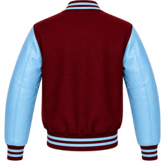 Burgundy wool varsity jacket with sky blue leather sleeves, back view