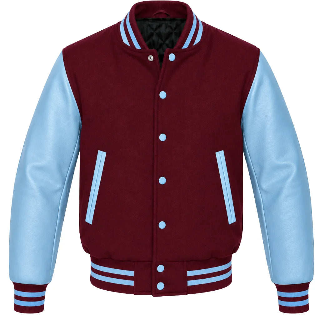 Burgundy melton wool varsity jacket with sky blue leather sleeves, front view