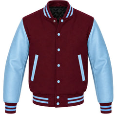 Burgundy melton wool varsity jacket with sky blue leather sleeves, front view