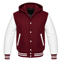 Burgundy and White Hooded Letterman Jacket