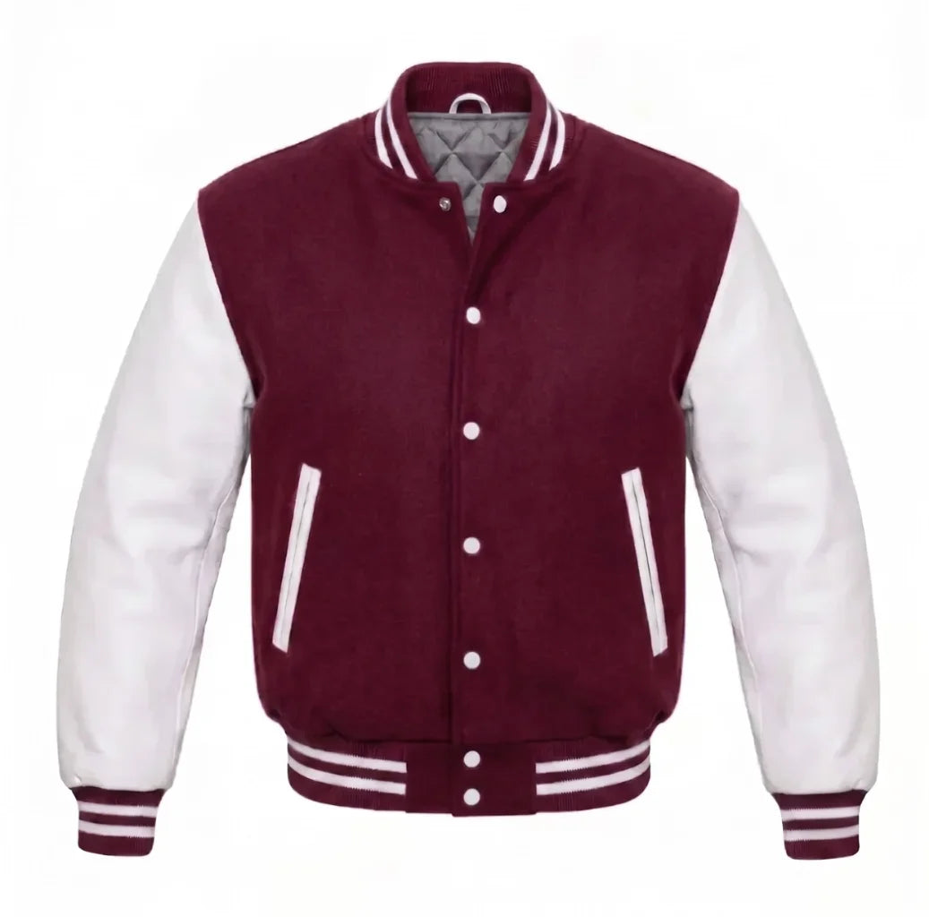 Burgundy and White Varsity Jacket with Wool Body and Leather Sleeves