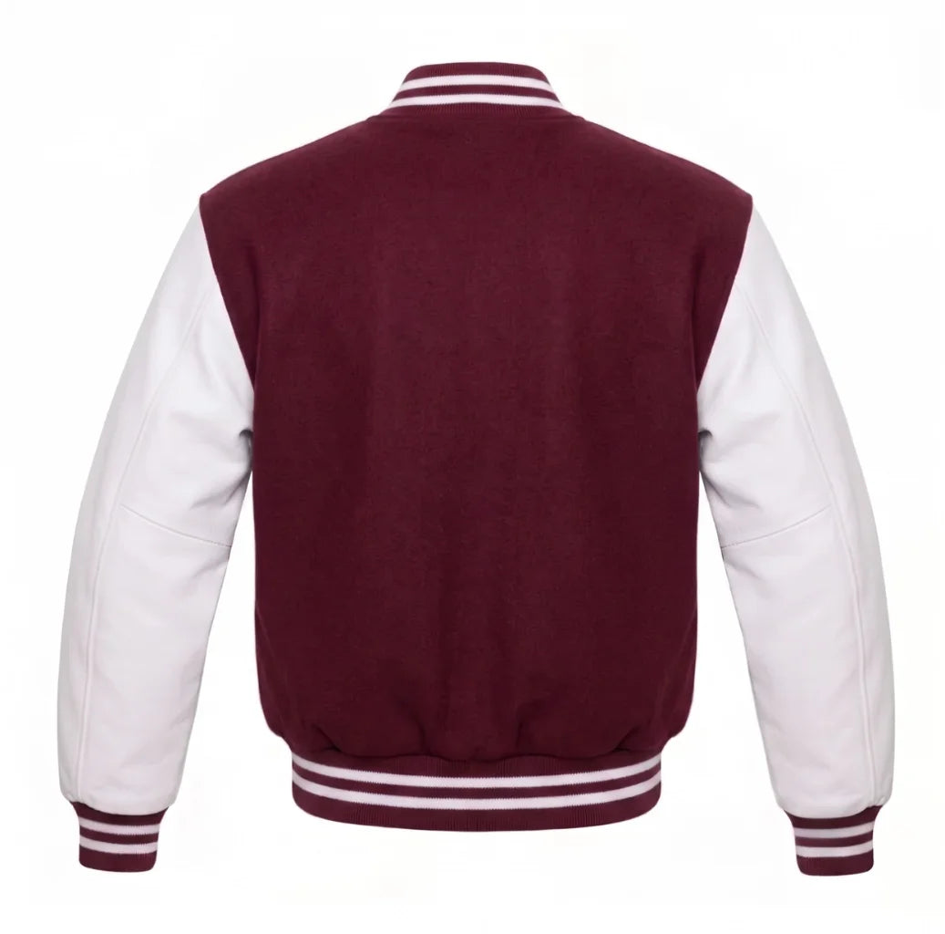 Burgundy and White Varsity Jacket with Wool Body and Leather Sleeves Back View