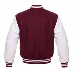 Burgundy and White Varsity Jacket with Wool Body and Leather Sleeves Back View