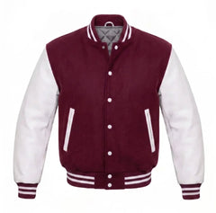 Burgundy and White Varsity Jacket with Wool Body and Leather Sleeves