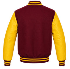 Burgundy wool varsity jacket, yellow leather sleeves, back view