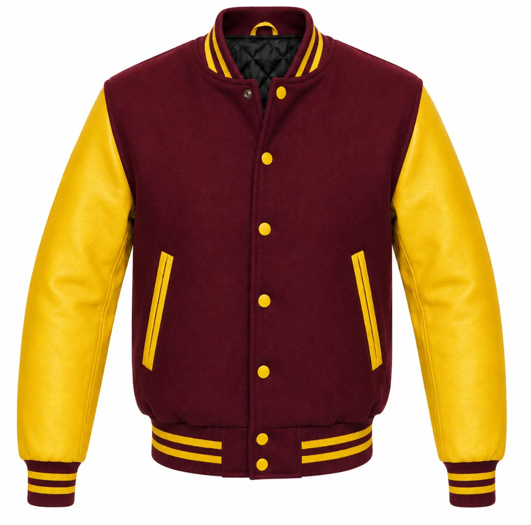 Burgundy melton wool varsity jacket with yellow cowhide leather sleeves, front view