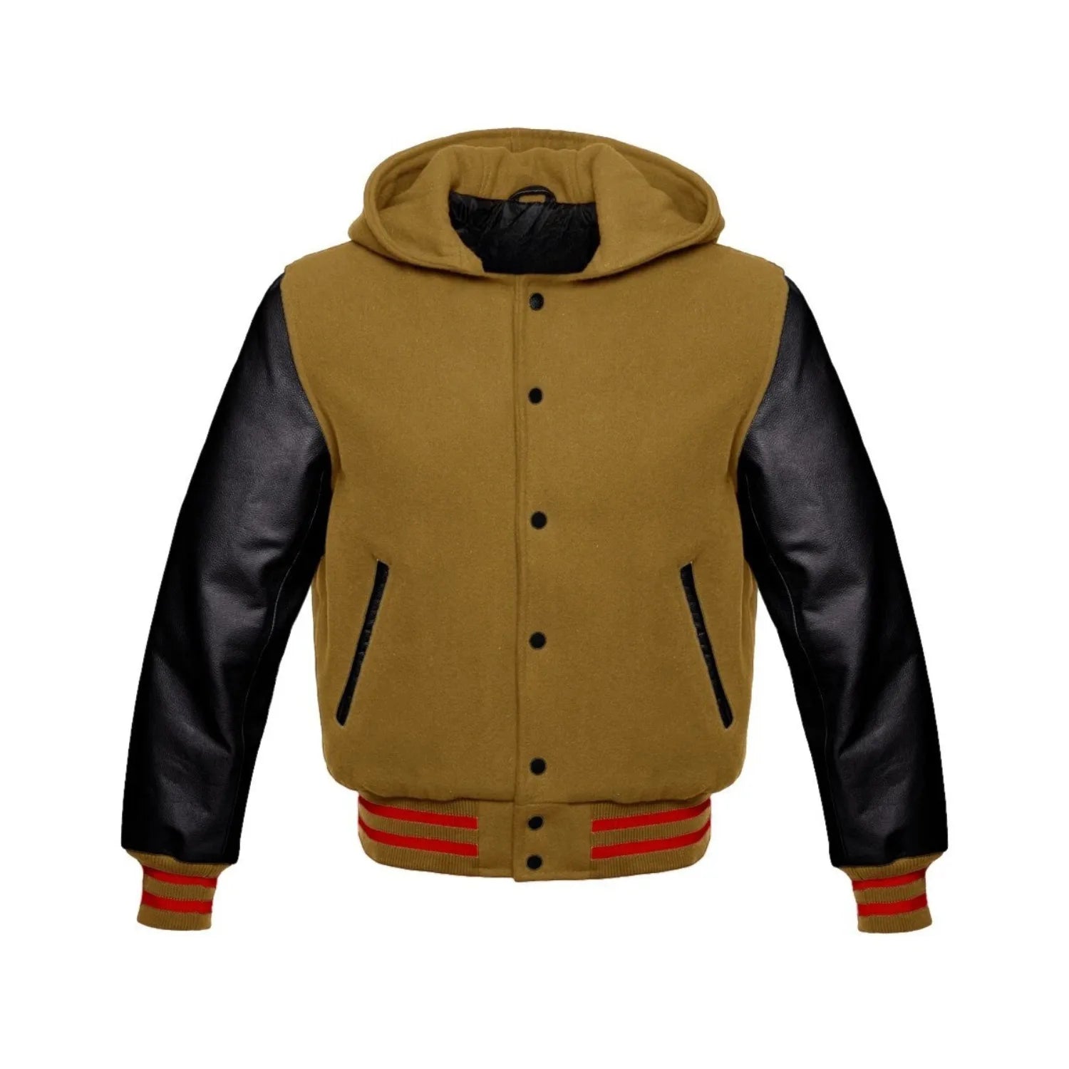 Camel Brown Wool and Black Leather Hooded Varsity Jacket
