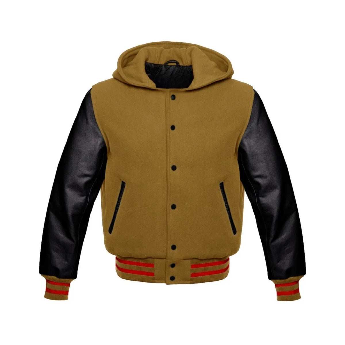 Camel Brown Wool and Black Leather Hooded Varsity Jacket