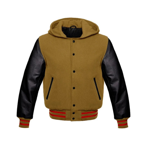 Camel Brown Wool and Black Leather Hooded Varsity Jacket