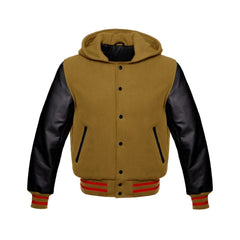 Camel Brown Wool and Black Leather Hooded Varsity Jacket